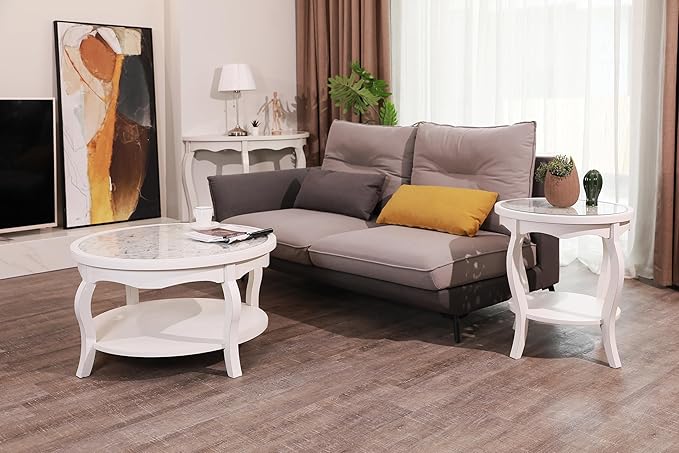 FINECASA Round White Coffee Table, 33.7x19 inches, Glass Top, Vintage Boho Design, Wood, White Patterned - LeafyLoom