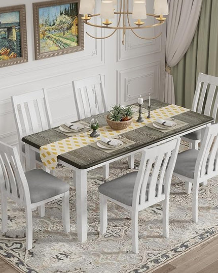 Retro Style 7 Piece Set with 1 Extendable Table and 6 Upholstered Chairs, Easy Assembly, for Kitchen, Dining Room, Antique Brown+White - LeafyLoom