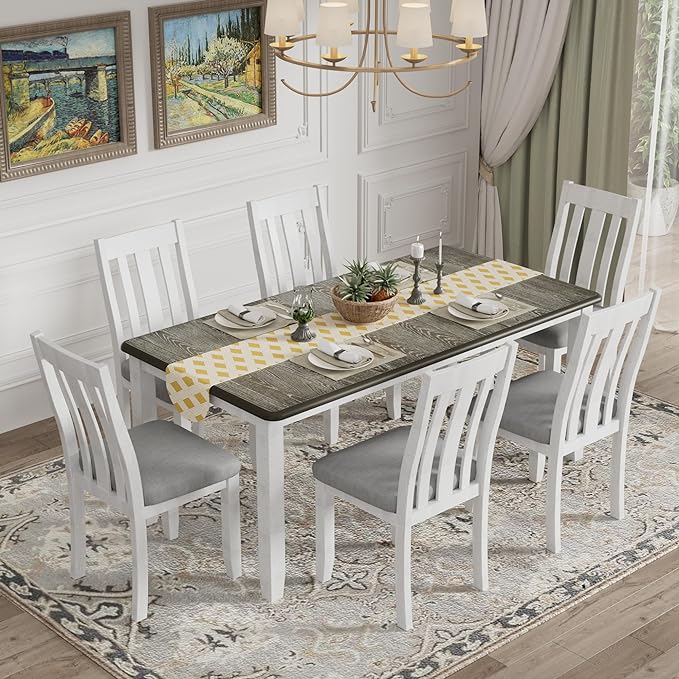 Dining Table Set for 6, 7-Piece Dining Table Set with Extendable Table and 6 Upholstered Chairs, Kitchen Table Set with Backrest for Dining Room, Living Room, Antique Brown+White - LeafyLoom