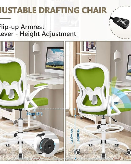 Drafting Chair, Tall Office Chair Ergonomic Standing Desk chair, Lumbar Support Computer Chair Swivel Task Rolling Chair with Adjustable Flip-up Armrests & Foot Ring (Green) - LeafyLoom