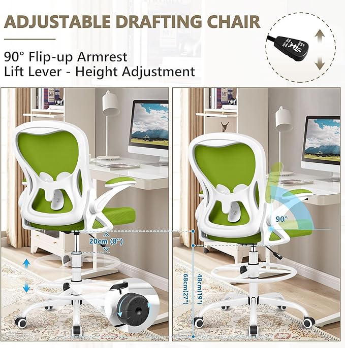Drafting Chair, Tall Office Chair Ergonomic Standing Desk chair, Lumbar Support Computer Chair Swivel Task Rolling Chair with Adjustable Flip-up Armrests & Foot Ring (Green) - LeafyLoom
