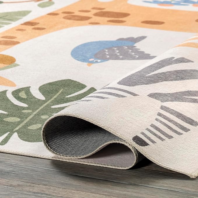 nuLOOM Felipa Safari Machine Washable Kids Ultra Thin Area Rug, 4x6, White Multi - LeafyLoom