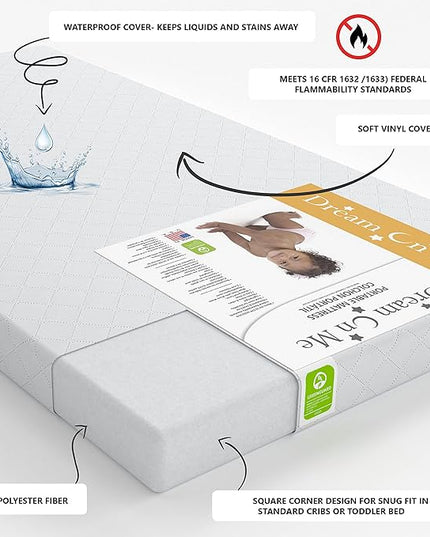 Delta Children Folding Portable Mini Baby Crib with 1.5-inch Mattress - Greenguard Gold Certified, White & Dream On Me Holly 3” Fiber Portable, Greenguard Gold Certified, White - LeafyLoom