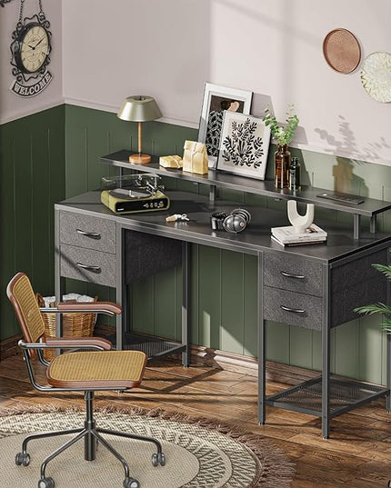 55 inch Computer Desk with 4 Drawers, Gaming Desk with LED Lights & Power Outlets, Home Office Desk with Large Storage Space for Bedroom, Work from Home, Black - LeafyLoom
