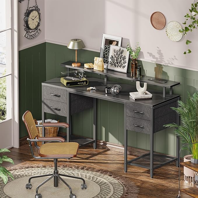 55 inch Computer Desk with 4 Drawers, Gaming Desk with LED Lights & Power Outlets, Home Office Desk with Large Storage Space for Bedroom, Work from Home, Black - LeafyLoom