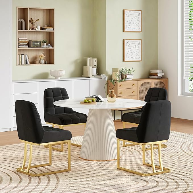 STARY Upholstered Velvet Armless Dining Room Chairs with Gold Metal Legs for Kitchen Restaurant, Black- Set of 4 - LeafyLoom