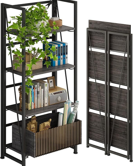 4NM No-Assembly Folding Bookshelf Storage Shelves 4 Tiers Vintage Bookcase Standing Racks Study Organizer Home Office (Gray and Black) - LeafyLoom
