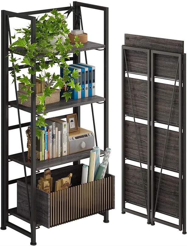 4NM No-Assembly Folding Bookshelf Storage Shelves 4 Tiers Vintage Bookcase Standing Racks Study Organizer Home Office (Gray and Black) - LeafyLoom