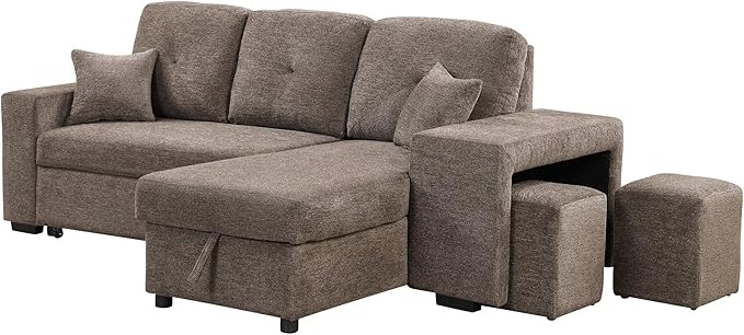 95" L-Shaped Sectional Sleeper Sofa with Storage Chaise &Pull-Out Bed, Velvet Upholstered Reversible Corner Couch w/ 2 Stools, for Living Room, Apartment, 95 Inch, Knox Charcoal - LeafyLoom
