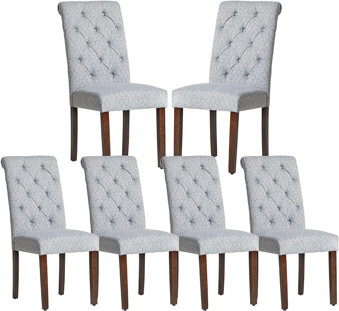 COLAMY Button Tufted Dining Chairs Set of 6, Parsons Upholstered Fabric Dining Room Chairs Kitchen Chairs with Wood Legs and Padded Seat, Blue Bubble - LeafyLoom