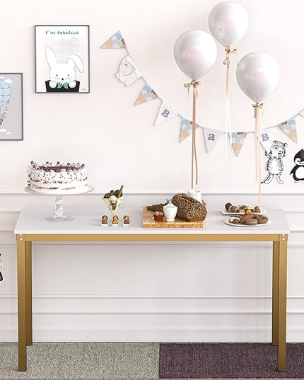 Teraves Computer Desk/Dining Table Office Desk Sturdy Writing Workstation for Home Office(47.24”, White+Golden Frame) - LeafyLoom