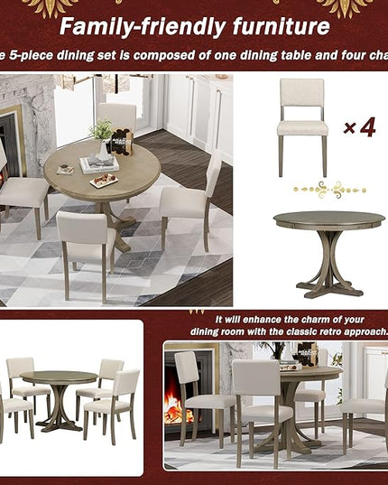 Kitchen 5-Piece Retro Round Set with Curved Trestle Style Table Legs and 4 Upholstered Chairs for Dining Room, Taupe - LeafyLoom