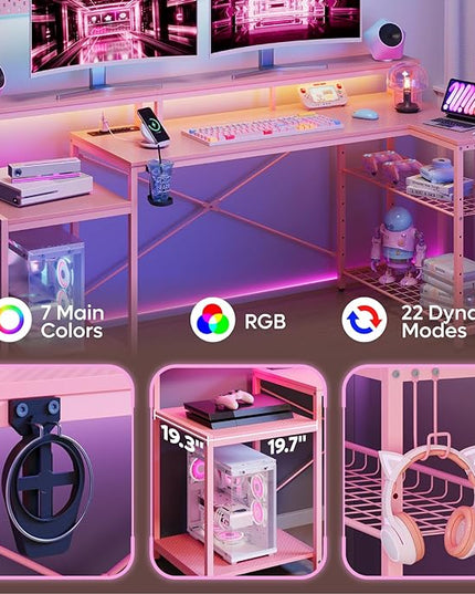 Bestier 71.5 inch Gaming Desk with Power Outlet, Large LED Computer Desk with Monitor Stand, L Shaped Desk with Storage Shelf, Cup Holder & Headset Hooks, Corner Gamer Desk for Bedroom Pink - LeafyLoom