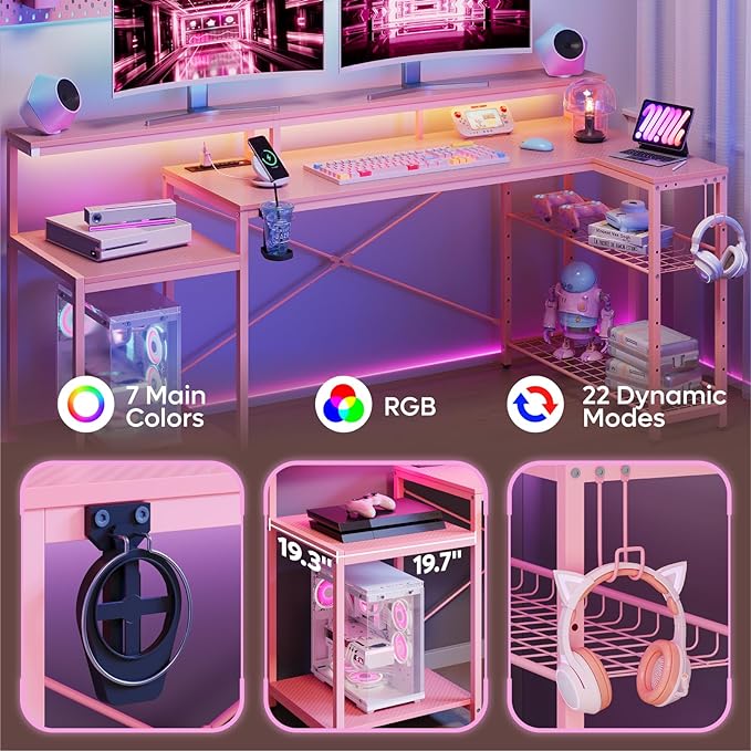 Bestier 71.5 inch Gaming Desk with Power Outlet, Large LED Computer Desk with Monitor Stand, L Shaped Desk with Storage Shelf, Cup Holder & Headset Hooks, Corner Gamer Desk for Bedroom Pink - LeafyLoom