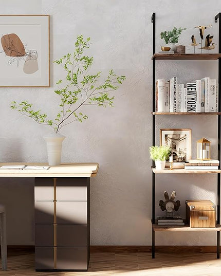 Ladder Shelf 4 Tiers Metal Industrial Bookshelf,Brown Wood Tall Open Storage Rack and Display Shelves,Wall Mount Wide Book Case for Home Office Bedroom,Small - LeafyLoom