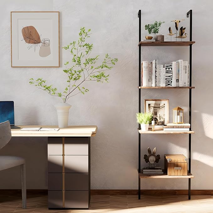 Ladder Shelf 4 Tiers Metal Industrial Bookshelf,Brown Wood Tall Open Storage Rack and Display Shelves,Wall Mount Wide Book Case for Home Office Bedroom,Small - LeafyLoom