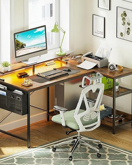 ODK 48 Inch Gaming Desk with USB Charging Ports and LED Lights, Reversible L Shaped Computer Desk with Storage Shelves & Monitor Stand, Corner Home Office Desk Table with Power Outlets, Vintage - LeafyLoom