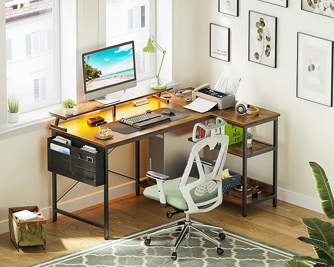ODK 48 Inch Gaming Desk with USB Charging Ports and LED Lights, Reversible L Shaped Computer Desk with Storage Shelves & Monitor Stand, Corner Home Office Desk Table with Power Outlets, Vintage - LeafyLoom