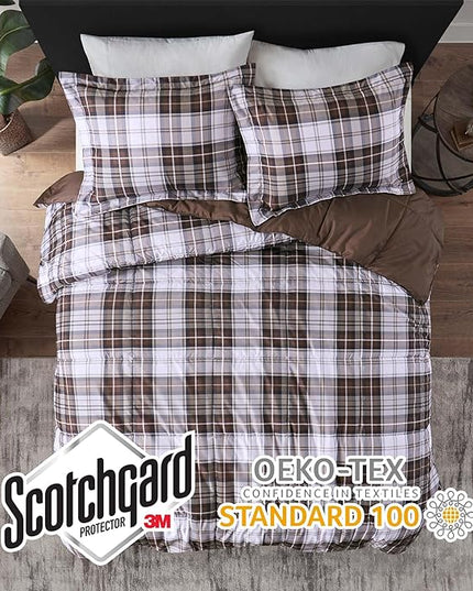Madison Park Essentials Parkston Plaid Comforter, Matching Sham, 3M Scotchguard Stain Release Cover, Hypoallergenic All Season Bedding-Set, Twin/ Twin XL, Brown, 2 Piece - LeafyLoom