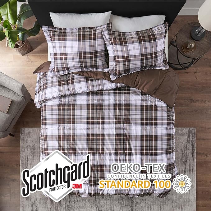 Madison Park Essentials Parkston Plaid Comforter, Matching Sham, 3M Scotchguard Stain Release Cover, Hypoallergenic All Season Bedding-Set, Twin/ Twin XL, Brown, 2 Piece - LeafyLoom