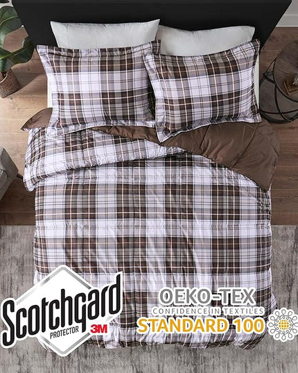 Madison Park Essentials Parkston Plaid Comforter, Matching Sham, 3M Scotchguard Stain Release Cover, Hypoallergenic All Season Bedding-Set, King/California King, Brown, 3 Piece - LeafyLoom
