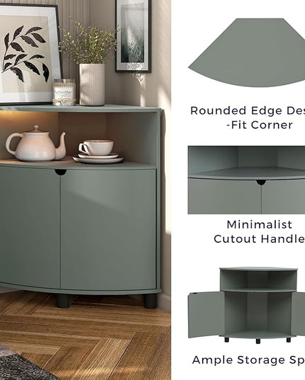 Berg Modern 31-inch 16 Colors LED Corner Cabinet with Doors and 2 Shelves, USB Charge Cord, Small TV Stand for Living Room, Home Office, Sage Green - LeafyLoom