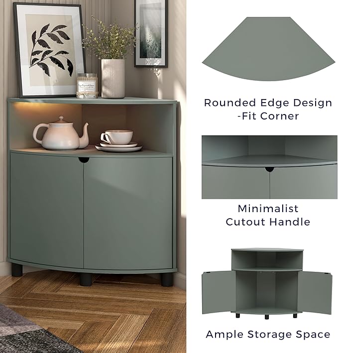 Berg Modern 31-inch 16 Colors LED Corner Cabinet with Doors and 2 Shelves, USB Charge Cord, Small TV Stand for Living Room, Home Office, Sage Green - LeafyLoom