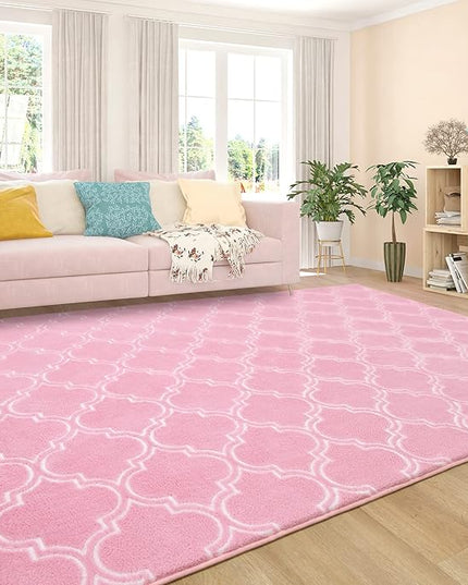 Chicrug Shag Geometric Modern Area Rug for Living Room, 7x10 Feet Large Memory Foam Indoor Carpet, Fluffy Rug for Bedroom Bedside Room Decor for Family Girls Kids Nursery, Pink/White - LeafyLoom