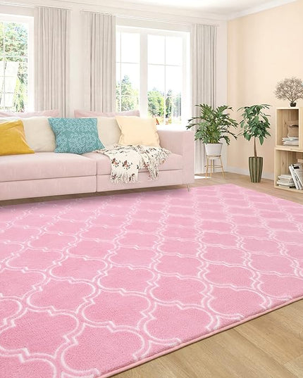 Chicrug Shag Geometric Modern Area Rug for Bedroom, 3x5 Feet Memory Foam Indoor Carpet, Fluffy Rug for Living Room Bedside Room Decor for Family Girls Kids Nursery Play Mat, Pink/White - LeafyLoom