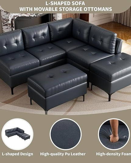 94.88" PU Leather L Shaped Sofa with Reversible Chaise Lounge, Storage Ottoman, Button Tufted Backrest&Cushion, 6-Seater Upholstered Corner Sectional Couches for Living Room Office Apartment - LeafyLoom