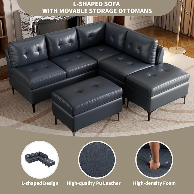 94.88" PU Leather L Shaped Sofa with Reversible Chaise Lounge, Storage Ottoman, Button Tufted Backrest&Cushion, 6-Seater Upholstered Corner Sectional Couches for Living Room Office Apartment - LeafyLoom