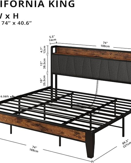 LIKIMIO California King Bed Frames, Storage Headboard with Charging Station, Solid and Stable, Noise Free, No Box Spring Needed, Easy Assembly - LeafyLoom