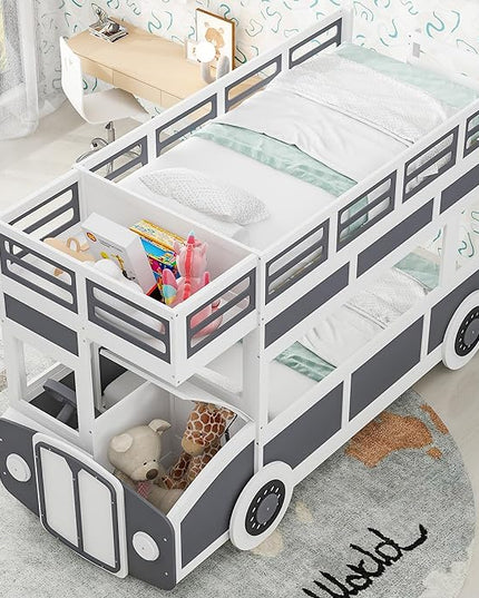 Twin over Twin Bus-shaped Bunk Bed with Wheels,Kids Car-Shaped Bedframe W/Storage,Space Saving,No Box Spring Needed,Wood Toy Bedroom Furniture for Boys Toddlers Teens Child,Gray+White - LeafyLoom