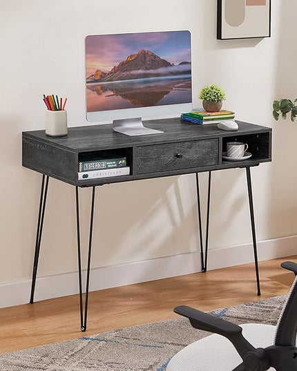 VECELO 39.3" Home Office Work Table with Drawers Computer Desk Writing/Study, 39 Inch Hairpin Legs, Charcoal Grey - LeafyLoom