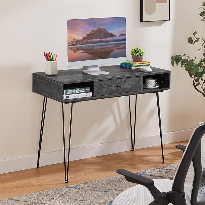 VECELO 39.3" Home Office Work Table with Drawers Computer Desk Writing/Study, 39 Inch Hairpin Legs, Charcoal Grey - LeafyLoom