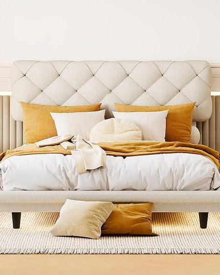 Full Size Linen Upholstered Bed with Light Stripe,Floating Platform Beds,w/Headboard and Wooden Slats Support,for Apartment,Bedroom,Living Room,Easy Assembly,Beige - LeafyLoom