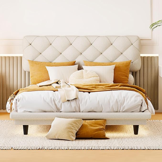 Full Size Linen Upholstered Bed with Light Stripe,Floating Platform Beds,w/Headboard and Wooden Slats Support,for Apartment,Bedroom,Living Room,Easy Assembly,Beige - LeafyLoom