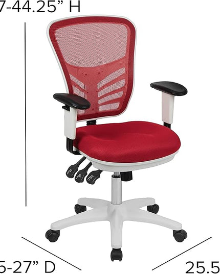 Flash Furniture Nicholas Mid-Back Red Mesh Multifunction Executive Swivel Ergonomic Office Chair with Adjustable Arms and White Frame - LeafyLoom