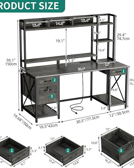 DWVO Computer Desk with Drawers & Hutch, 59.1" Office Desk with Power Outlets & LED Lights, Home Office Desk with Storage Shelves, Grey - LeafyLoom