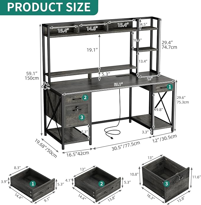 DWVO Computer Desk with Drawers & Hutch, 59.1" Office Desk with Power Outlets & LED Lights, Home Office Desk with Storage Shelves, Grey - LeafyLoom