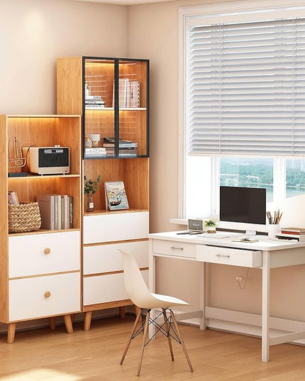 4NM 39.4" Small Desk with Wood Drawers, Home Office Computer Desk with Wooden Legs, Study Writing Table Vanity Desk for Small Spaces - White - LeafyLoom