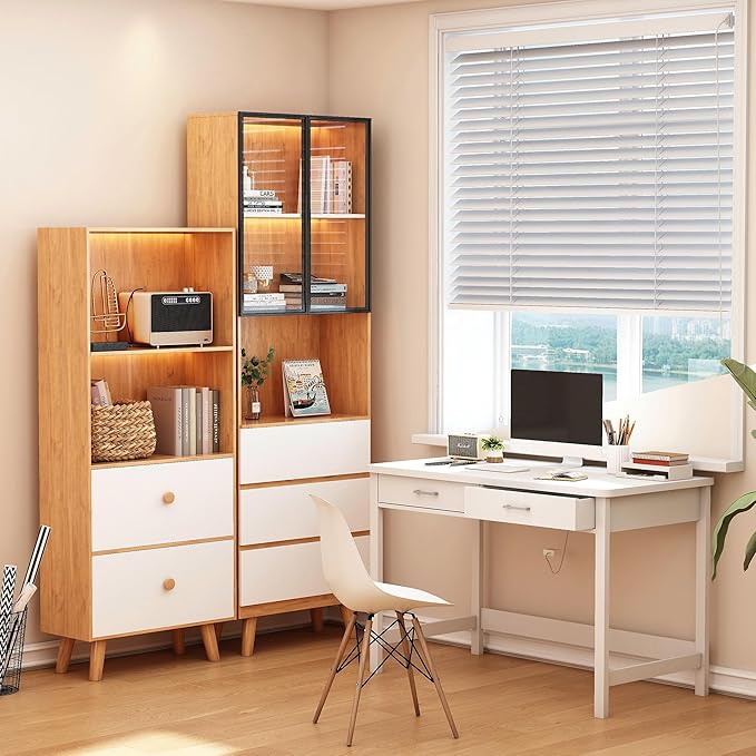 4NM 39.4" Small Desk with Wood Drawers, Home Office Computer Desk with Wooden Legs, Study Writing Table Vanity Desk for Small Spaces - White - LeafyLoom