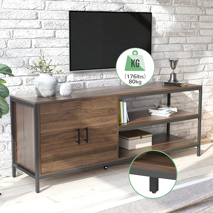 Novilla Retro Farmhouse TV Stand for TVs up to 65 Inches, Living Room Entertainment Center for Flat/Curved Screen, 58 Inches, Walnut - LeafyLoom