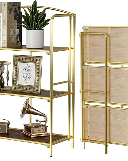 No Assembly Folding Bookshelf, 3 Tier Gold Bookshelf, Metal Book Shelf for Storage, Folding Bookcase for Office Organization and Storage, 12.87" D x 30.9" W x 42.33" H - LeafyLoom