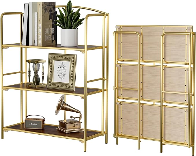 No Assembly Folding Bookshelf, 3 Tier Gold Bookshelf, Metal Book Shelf for Storage, Folding Bookcase for Office Organization and Storage, 12.87" D x 30.9" W x 42.33" H - LeafyLoom