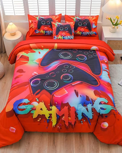 Aimuan Gaming Comforter Sets for Boys Kids Bedding Sets Video Games Console Action Buttons Novelty Colorful Game Gamepad Controller Modern Gamer Room Decor Home Quilt Set (Twin 6 Pcs, Red) - LeafyLoom