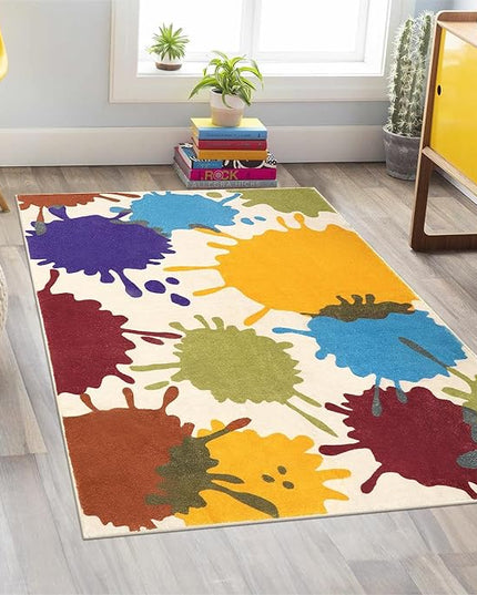 Colorful Kids Room Rug, 3'x5' Machine Washable Rug for Playroom, Paint Splatter Rainbow Area Rugs for Classroom, Soft Aesthetic Nursery Rug Throw Kids Play Mat for Bedroom Office Preschool - LeafyLoom