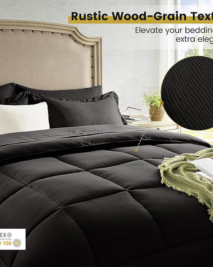 Queen Bed in a Bag 7 Pieces Comforter Set Queen, Wood Grain Texture Comforter Set Black Bed Set with Comforter, Pillowcases, Flat Sheet, Fitted Sheet and Pillow Shams - LeafyLoom