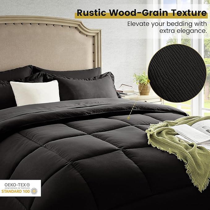 California King Bed in a Bag 7 Pieces Cal King Comforter Set, Wood Grain Texture Comforter Set Black Bed Set with Comforter, Pillowcases, Flat Sheet, Fitted Sheet and Pillow Shams - LeafyLoom