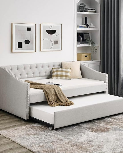 Twin Size Upholstered Daybed with Twin Size Trundle, Tufted Twin Day Bed w/Button Back and Waved Shape Copper Nail Arms, No Spring Box Needed, Easy Assemble, for Living Room - LeafyLoom
